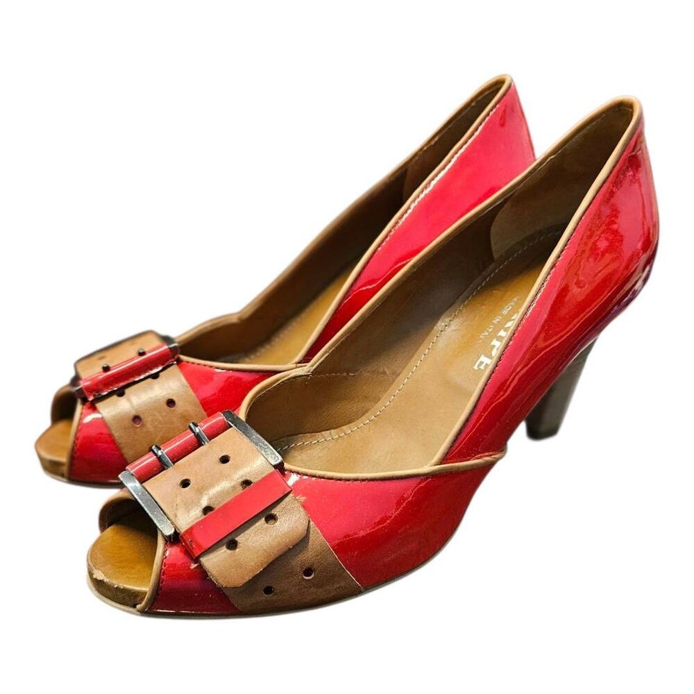 Maripe Red Leather Buckle Heels Womens Size 8.5